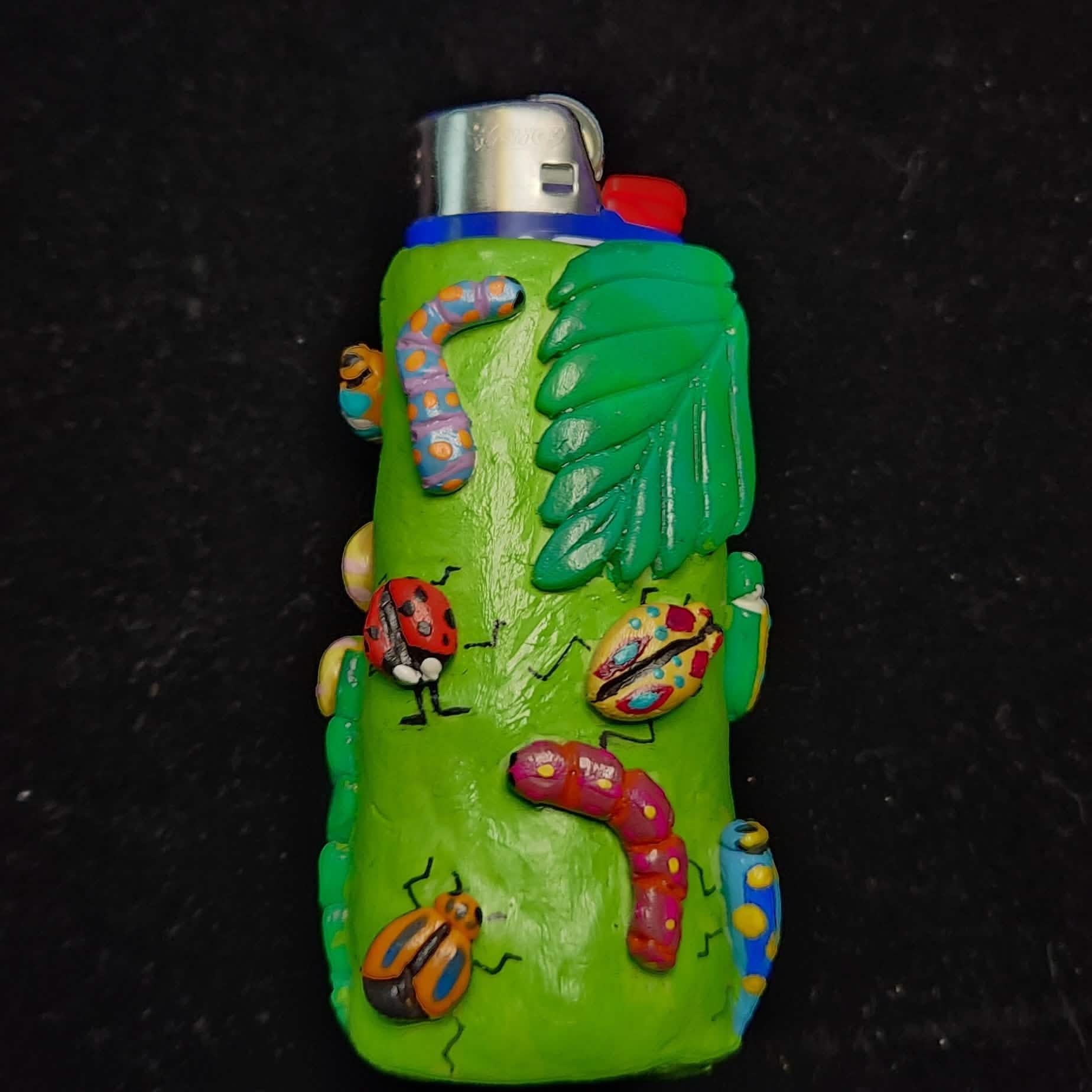 Green Forest Grub Lighter Case - Wrapped Pebbles